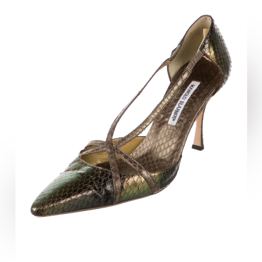 Manolo Blahnik Leather Metallic Snakeskin Pump - Picture 2 of 5
